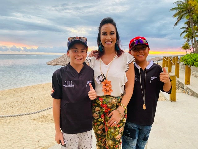 Wife, Nadene Lomu with sons Brayley and Dhyreille in Fiji to celebrate 10th Anniversary.