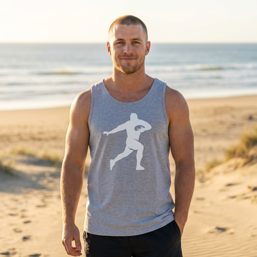 Buzz-cut model in the grey Fend singlet, front view at the beach